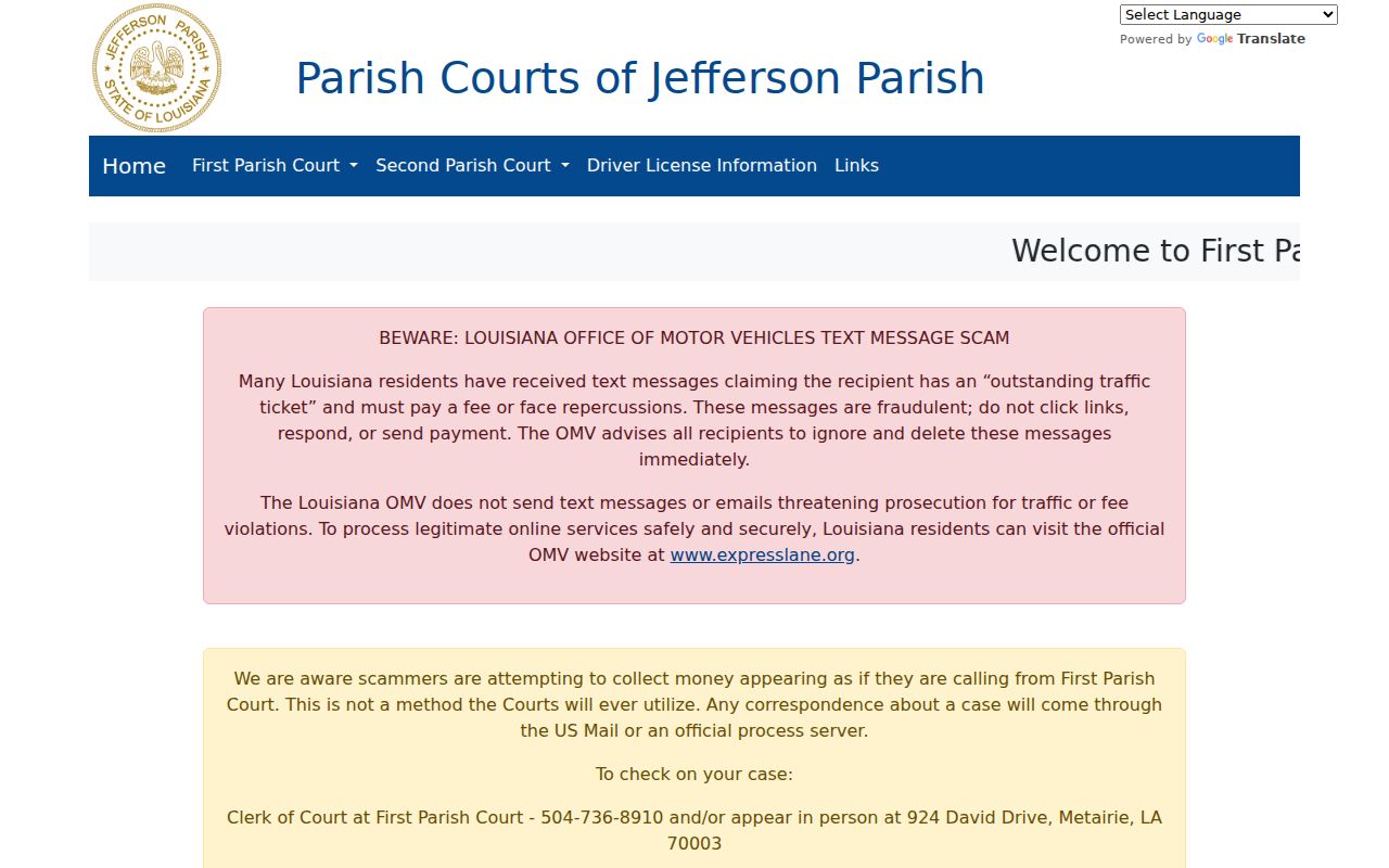 Jefferson Parish warrant search contact panel for First Parish Court