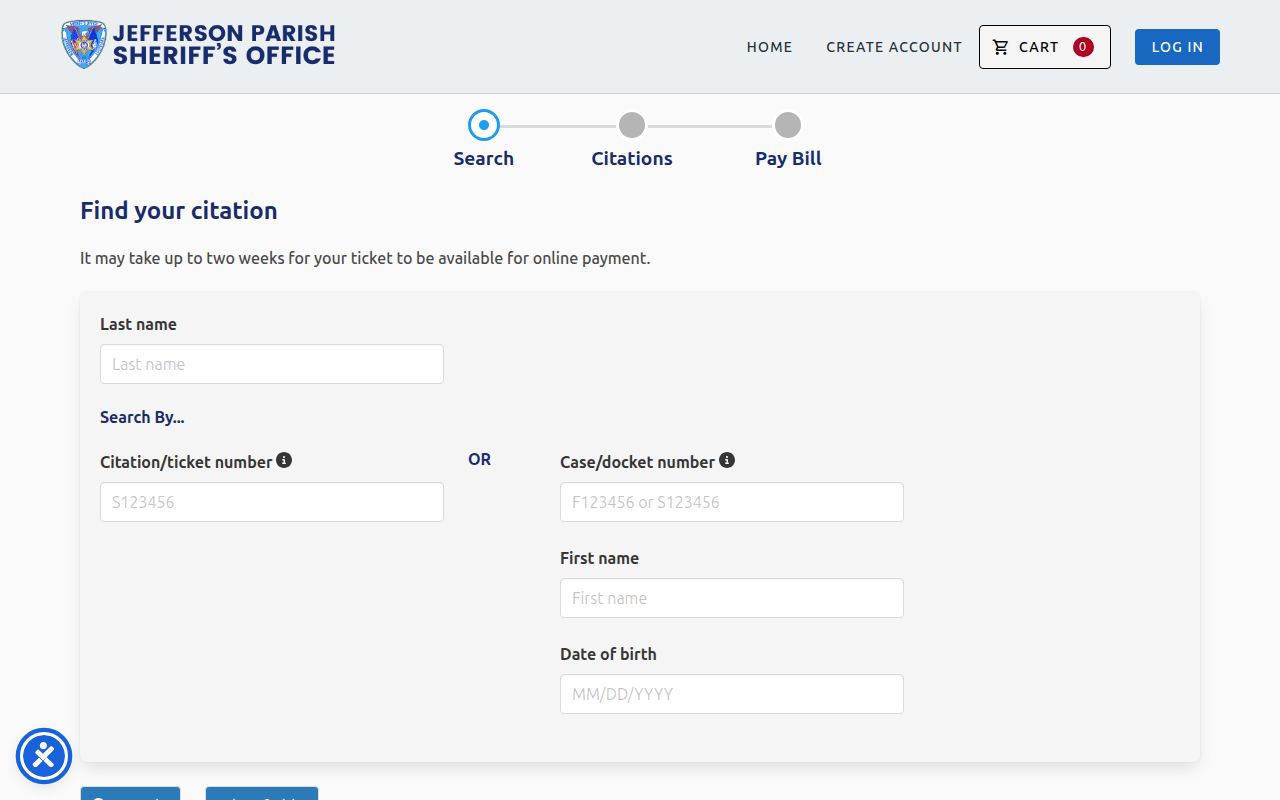 Jefferson Parish traffic warrant ticket payment interface from the Sheriff's Office