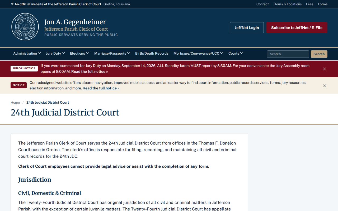 Jefferson Parish arrest warrant records suite listing for the district court clerk