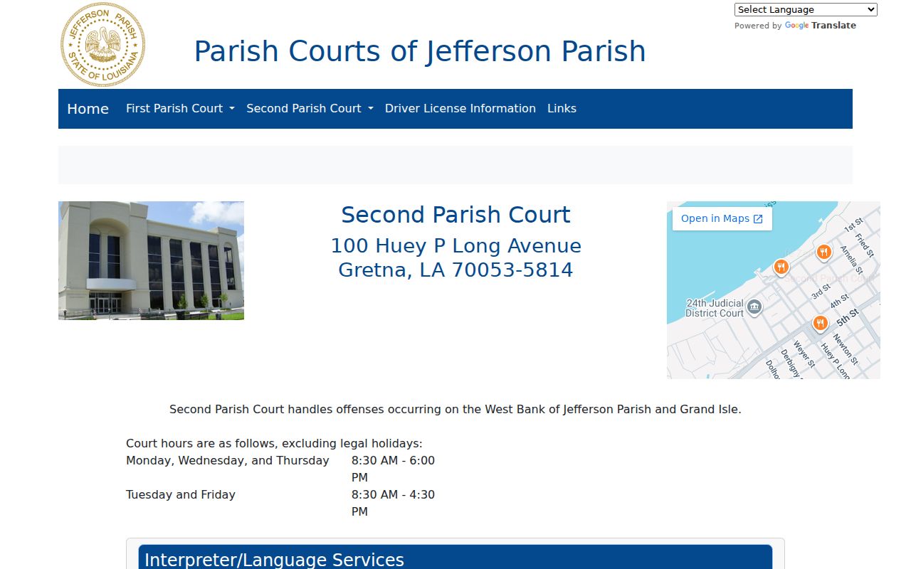 Jefferson Parish bench warrant contact panel for the Second Parish Court building