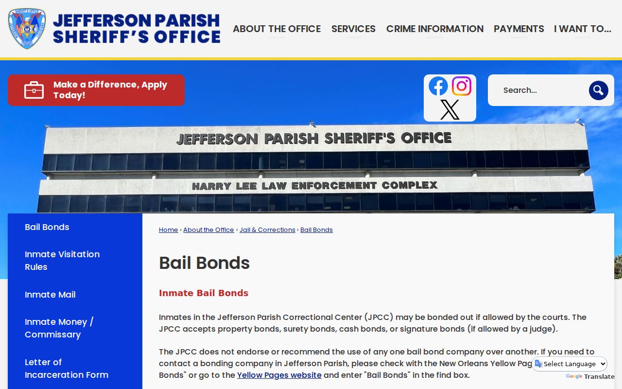 Jefferson Parish arrest warrant bond types page from the Sheriff's Office