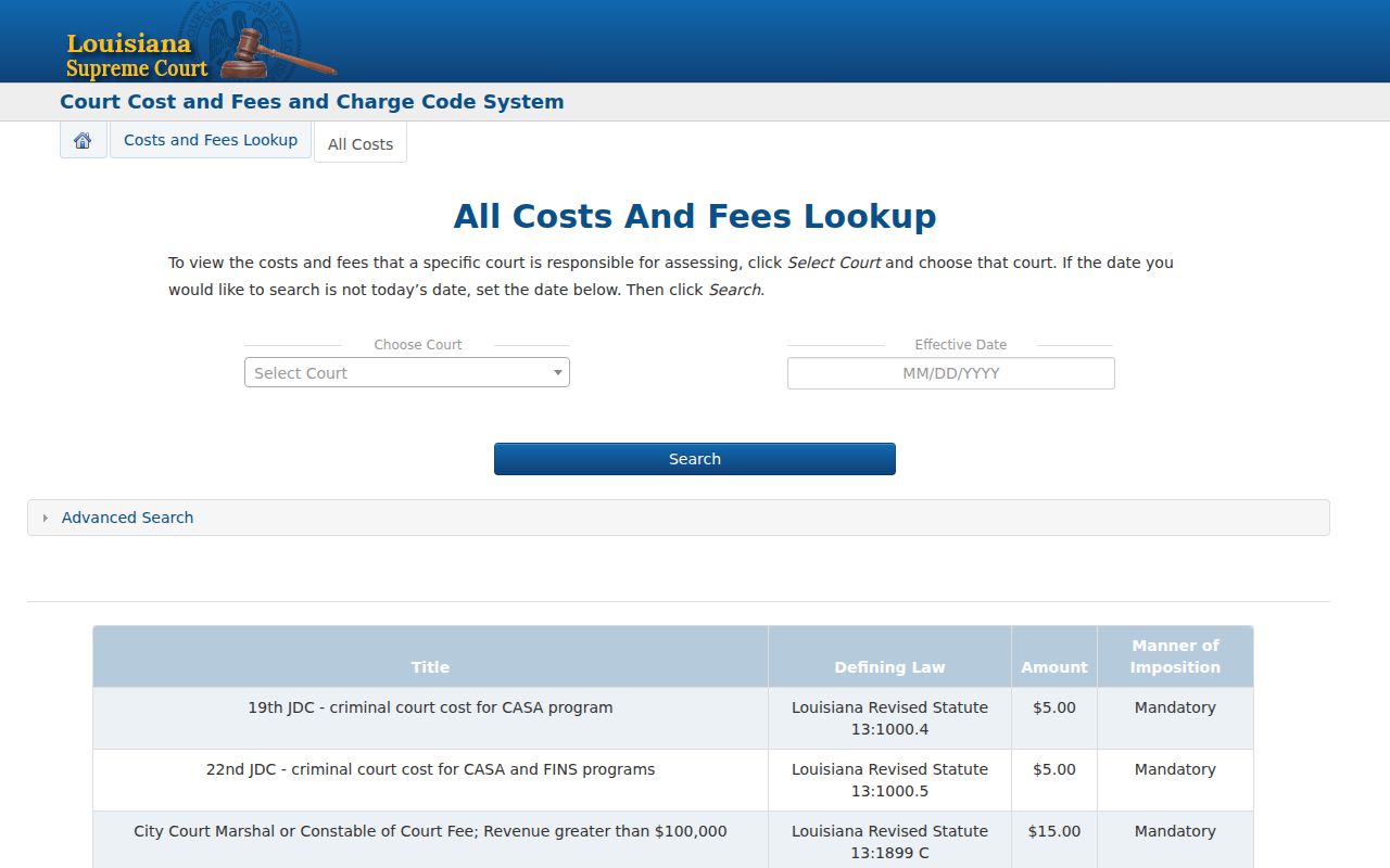 Jefferson Parish traffic warrant court cost search controls from the Louisiana Supreme Court