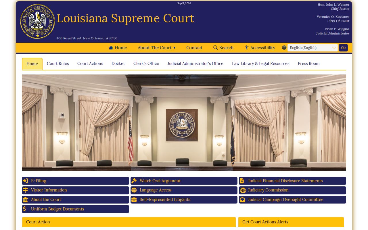 Jefferson Parish active warrant verification notice on the Louisiana Supreme Court home page