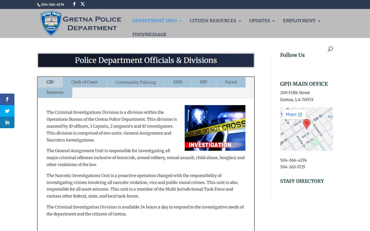 Jefferson Parish municipal court warrant duties listed on the Gretna Police divisions page