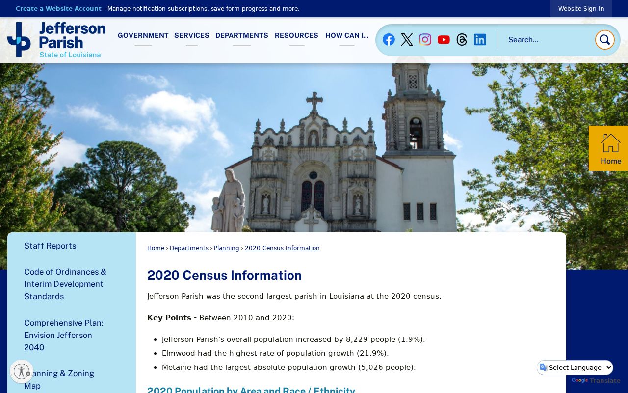 Jefferson Parish warrant records city population table from the official parish census page