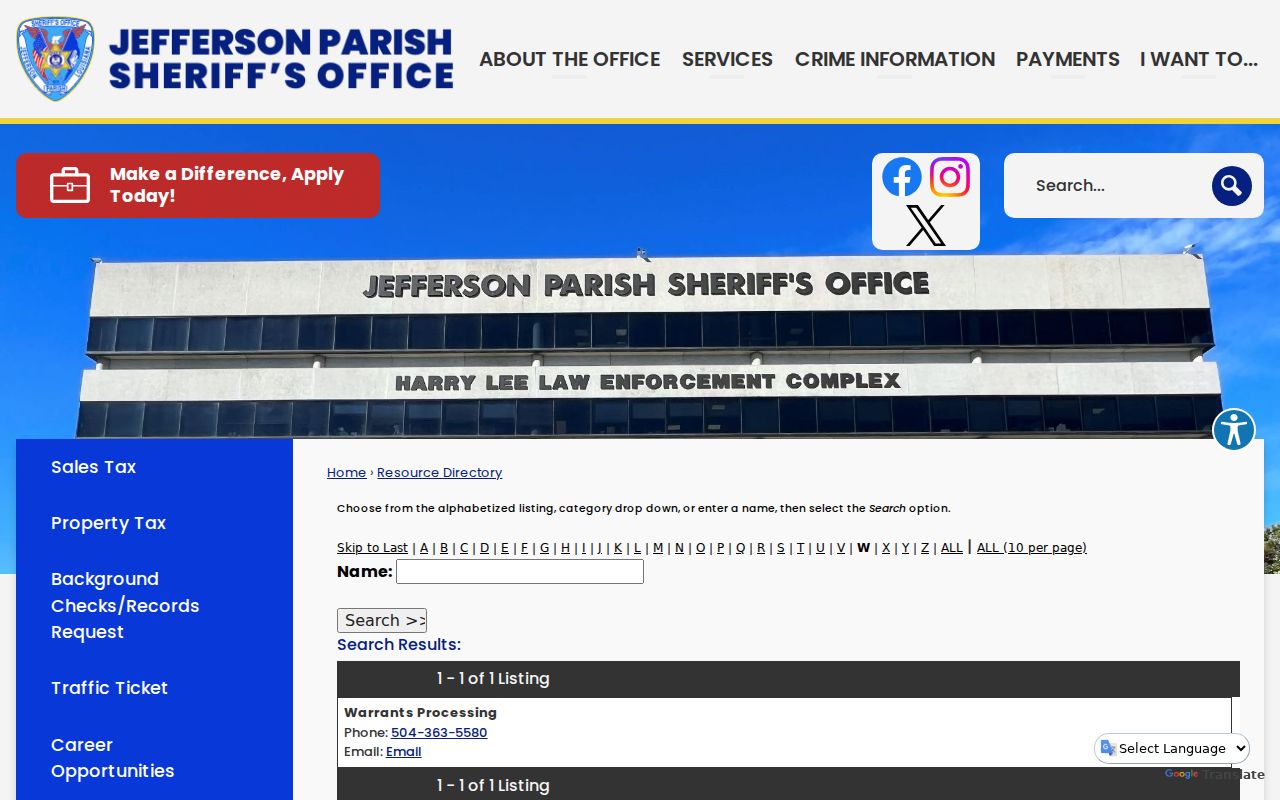 Jefferson Parish warrant records contact listing for the Sheriff's Office warrants processing unit